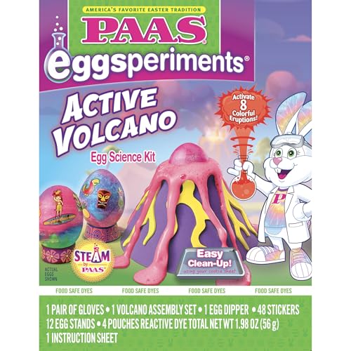PAAS Eggsperiments Active Volcano Easter Egg Decorating Kit – Fun & Educational Kit with 8 Colorful Eruptions, Stickers, and Volcano Assembly Set - color: Volcano