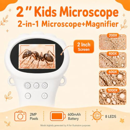 1000X Microscope for Kids, 2'' Screen Kids Wonder Quest Microscope Camera, Digital Handheld Microscope, Educational Kids Magnifying Glass, Christmas Birthday Gifts for Age 3 4 5 6 7 8 9 10- White - color: White