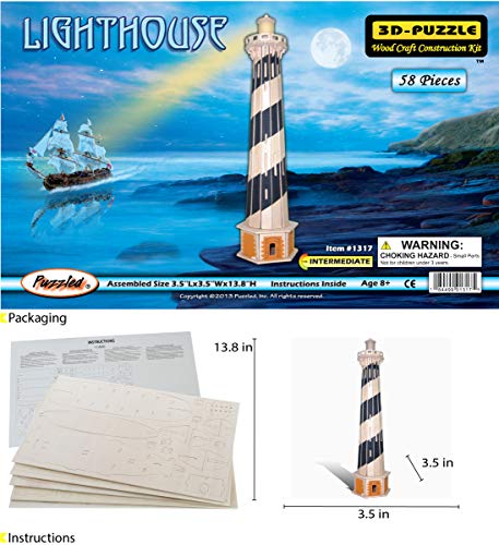 Puzzled 3D Puzzle Lighthouse Set Wood Craft Construction Model Kit, Fun & Educational DIY Wooden Toy Assemble Model Unfinished Crafting Hobby Puzzle to Build and Paint for Decoration 58 Pieces Pack