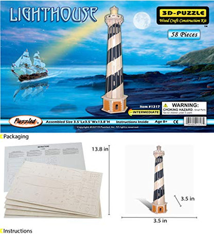 Puzzled 3D Puzzle Lighthouse Set Wood Craft Construction Model Kit, Fun & Educational DIY Wooden Toy Assemble Model Unfinished Crafting Hobby Puzzle to Build and Paint for Decoration 58 Pieces Pack
