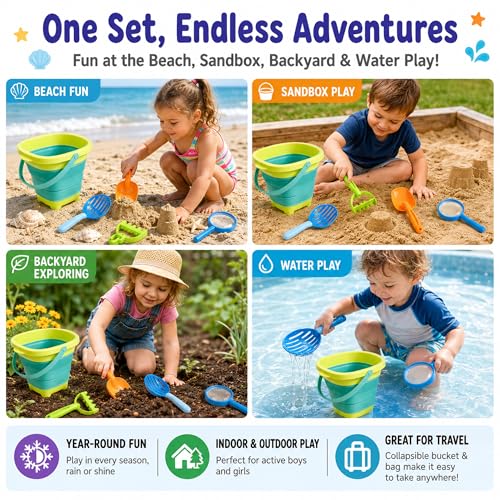 47pc Collapsible Beach Toys for Toddlers Kids ，Educational Sand Toys with Letter & Number Molds, Collapsible Bucket, Magnifying Glass, Mesh Bag -Travel Sandbox Toys for Boys Girls Age 3-10