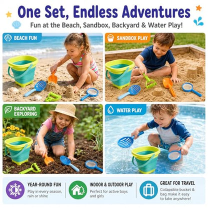 47pc Collapsible Beach Toys for Toddlers Kids ，Educational Sand Toys with Letter & Number Molds, Collapsible Bucket, Magnifying Glass, Mesh Bag -Travel Sandbox Toys for Boys Girls Age 3-10