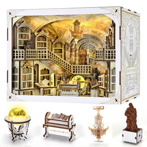 MiniCity Library of Gods Book Nook Kit, DIY Wooden Miniature Scene with LED - color: Library of Gods Max