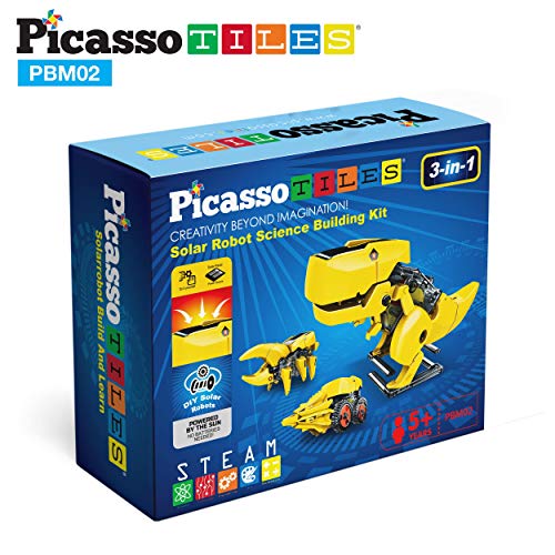 PicassoTiles Dinosaur Robot Solar Powered STEM Unique Transformation Renewable Sun Energy Educational Learning Engineering Building Toy 3-in-1 Science Experiment Kit Model Boys Girls Ages 8+ - color: 3-in-1 Transformation