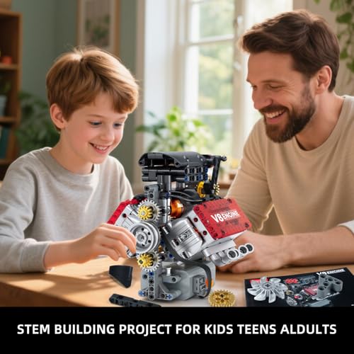 WINGIFT V8 Engine Building Set,V8 Engine Model kit that Run,Build Your Own STEM Mini V8 Model Engine Kit with Battery and Motor,8-Cylinder Car Engine Building Engineering Toys for Kids Adults(478PCS)