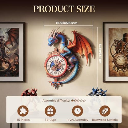 3D Wooden Puzzle Clock - Mythical Dragon Design, DIY Mechanical Pendulum Wall Clock, Collectible Artwork & Unique Gift for Fantasy Lovers - color: Deep Blue