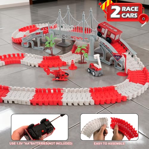 GIAT Race Car Track Toy for Kids - Birthday Gift for Boys Ages 3 4 5 6 7 Year Old, Flexible DIY Playset with Helicopter and Fire Truck, 330+ PCS Interactive Set - color: Red Fire Station Race Tracks Set
