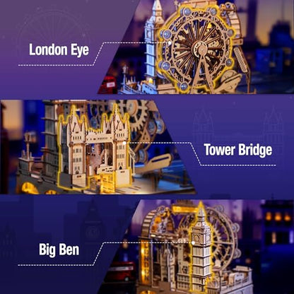 ROKR Marble Travel London, 3D Wooden Puzzles for Adults, Marble Run Kit Adults to Build, 3D Wooden Puzzle with LED, Unique Gift for Men Women