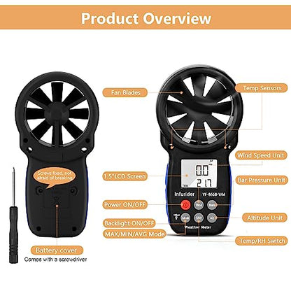 HoldPeak Handheld Anemometer Barometer, Weather Meter for Wind Speed, Temperature, Humidity, Dew Point, Altitude, Barometric Pressure, Wind Chill Measuring, Digital Wind Guage 866B-WM - color: 866B-WM (1 PC)