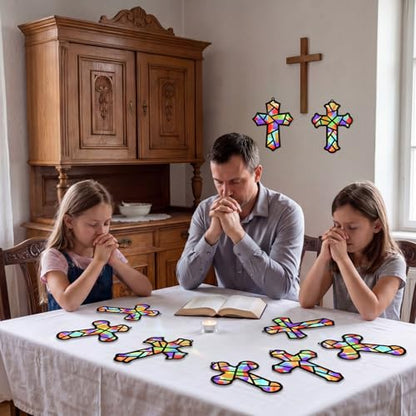 Renbuzhu 48PCS Sunday School VBS Crafts Bulk: Paper Cross Nativity Suncatchers, Jesus Religious Christian Activity DIY Kits Church Decorations, Window Stained Glass Effect Art Supplies - style: religious cross