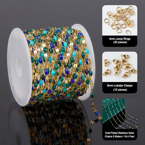 UMAOKANG 16.4 Feet Gold Plated Stainless Steel Jewelry Making Chain Roll - color: Gold-Blue Colorful