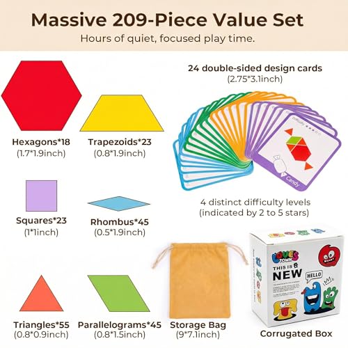 LovesTown 209 PCS Shapes Wooden Pattern Blocks for Kids - size: 230