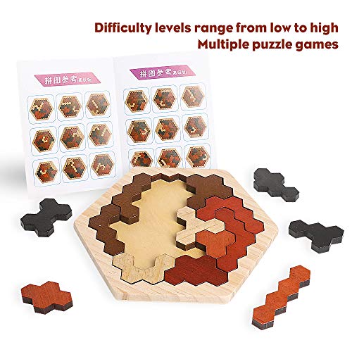 Wooden Hexagon Montessori Tangram Puzzle, STEM Brain Teaser for All Ages