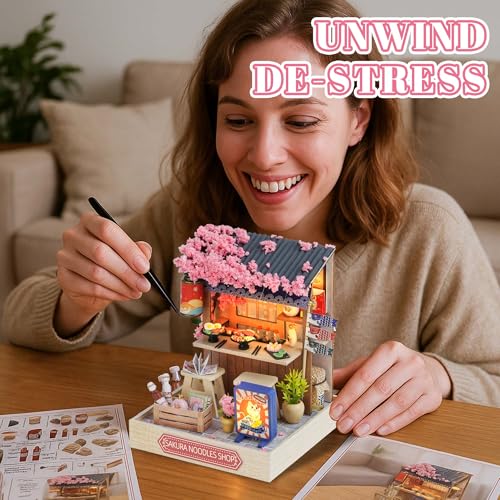 Kisoy Dollhouse Miniature with Furniture Kit, DIY 3D Wooden DIY House Kit with Dust Cover, Handmade Tiny House Toys for Teens Adults Gift (Sakura Noodles Shop) - color: Sakura Noodles Shop