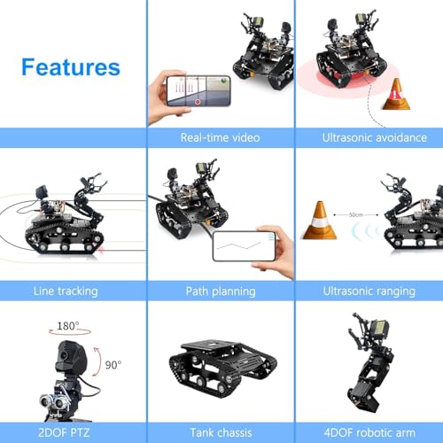 Smart WiFi Robot Kit with Raspberry Pi 5, 4DOF Robotic Arm Track Tank Chassis Robot Car with 2DOF HD Camera Ultrasonic Infrared Sensor, Programmable AI Robot Kit for Adults & Teens (Black) - color: Black