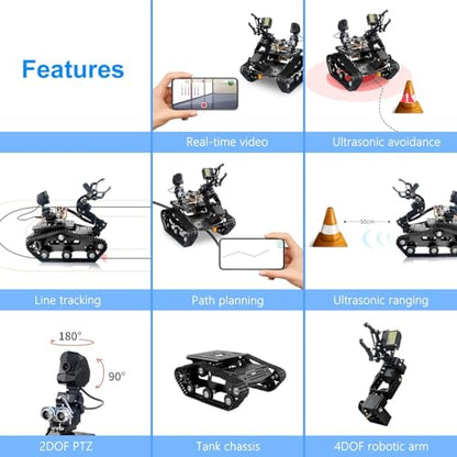 Smart WiFi Robot Kit with Raspberry Pi 5, 4DOF Robotic Arm Track Tank Chassis Robot Car with 2DOF HD Camera Ultrasonic Infrared Sensor, Programmable AI Robot Kit for Adults & Teens (Black) - color: Black