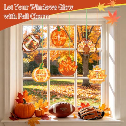 Aneco 24 Sets DIY Fall Football Suncatchers Craft Kit, Fall Tissue Paper Sign Art Crafts Hanging Decor Window Stained Glass Effect for Thanksgiving Party Supplies Holiday Home Activities Party Favors - style: Fall Football