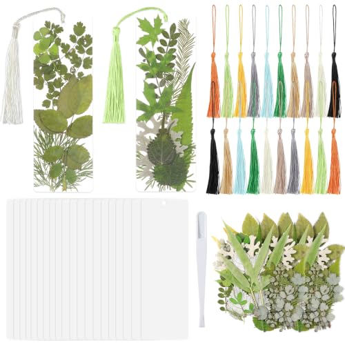 20 Sets Dried Leaves Bookmark Making Kit Transparent Bookmark DIY Projects Craft Gift Bulk PET Sticker with Color Tassels and Tweezer for Classroom Activities Reading Award and Book Lovers (Leaves) - style: Leaves
