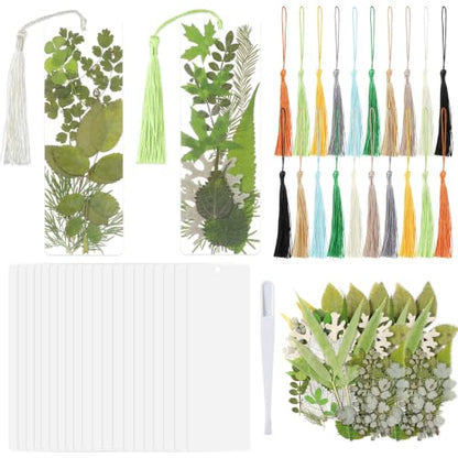 20 Sets Dried Leaves Bookmark Making Kit Transparent Bookmark DIY Projects Craft Gift Bulk PET Sticker with Color Tassels and Tweezer for Classroom Activities Reading Award and Book Lovers (Leaves) - style: Leaves