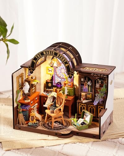 Rowood Magic Study Miniature House Kit, DIY Miniature Dollhouse Kits for Adults, Wizard Mini House Craft Kits for Women with LED, Halloween Christmas Birthday Gift for Adults (The Magic Study) - style: The Magic Study