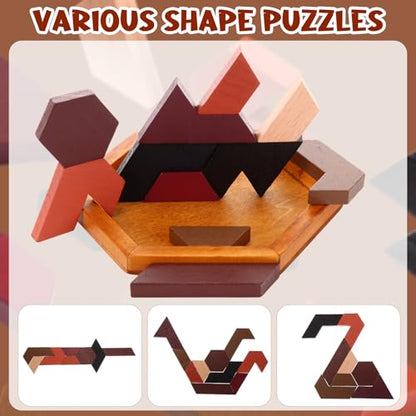 12 Pack Wooden Hexagon Tangram Puzzles Brain Teaser Logic Game
