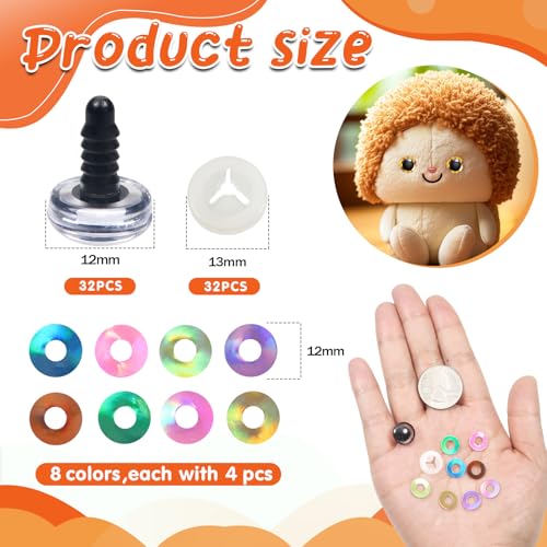 TOAOB 32pcs 12mm Glitter Safety Eyes Mixed Colors Crafts Crochet Eyes with Washers for Amigurumis Stuffed Animals DIY Puppet Doll Making - size: 12mm