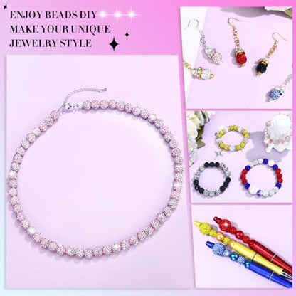 Dowarm 255PCS 10mm Rhinestone Beads, Pink Rhinestone Clay Beads for Baseball Necklace Bracelet Jewelry Making Crafts Beaded Pen, Round Polymer Clay Shamballa Pave Disco Diamond Bead - color: 02-Pink