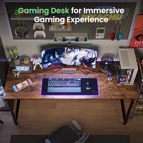 Huuger Computer Desk, 55 Inch Home Office Desk, Gaming Writing Work from Home Study Desk, Large Legroom, Sturdy Metal Frame, Modern Simple, Rustic Brown - color: Rustic Brown, size: 54inch