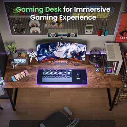Huuger Computer Desk, 55 Inch Home Office Desk, Gaming Writing Work from Home Study Desk, Large Legroom, Sturdy Metal Frame, Modern Simple, Rustic Brown - color: Rustic Brown, size: 54inch