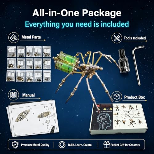 Steampunk Mechanical Spider 3D Metal Puzzle : 160+ Pcs No Glue Screw Build 96% Success Desktop Display Ornament DIY Craft Birthday for Father Husband Teens (Gatling Spider) - style: Gatling Spider