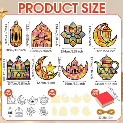 DoubleFill 48 Pcs 36 Sets Suncatchers Crafts Kit DIY Tissue Paper Suncatchers Craft Kit DIY Ornaments for Window Art (Ramadan) - style: Ramadan