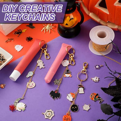 VioraWhite 213 Pcs Halloween Theme Lip Gloss Keychain Making Kit 100 Pink Enamel Charms 32.81 ft Gold Chains for DIY Crafts Women - style: Halloween Theme