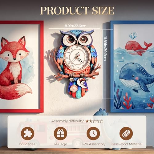 3D Wooden Owl Clock Puzzle – Colorful Deep Cobalt Blue and Red Design – DIY Model Kit for Teens & Adults (15+) – Unique Wall & Desk Clock with Roman Numerals – Gift-Ready Packaging - color: Deep Cobalt Blue