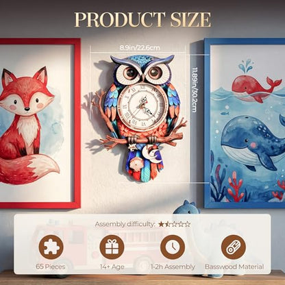 3D Wooden Owl Clock Puzzle – Colorful Deep Cobalt Blue and Red Design – DIY Model Kit for Teens & Adults (15+) – Unique Wall & Desk Clock with Roman Numerals – Gift-Ready Packaging - color: Deep Cobalt Blue