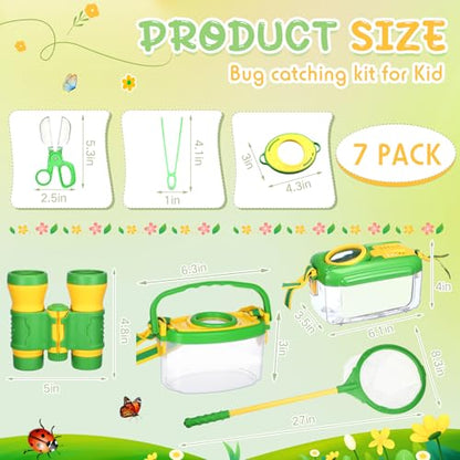 Sherr 7 Pcs Bug Catching Kit for Kids Insect Bug Catching Kit Outdoor Explorer Toys Include Insect Box Butterfly Net Capsule Clip Magnifying Glass Binocular Tweezer Butterfly Viewer Box Adventure Gift