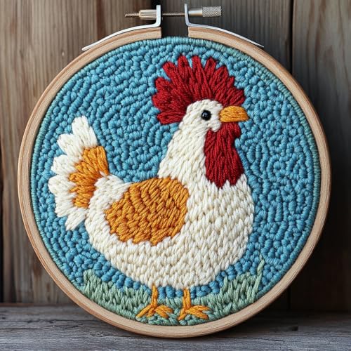 DIY Punch Needle Kits Cute Cartoon Rooster with Hoop 20x20cm-1 - color: 16-Rooster