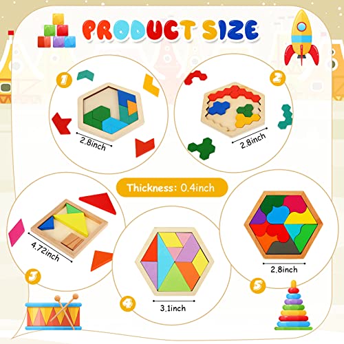 Jerify 5 Pack Wooden Tangram Puzzle for Kids, Brain Teaser Puzzles