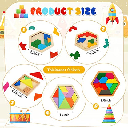 Jerify 5 Pack Wooden Tangram Puzzle for Kids, Brain Teaser Puzzles