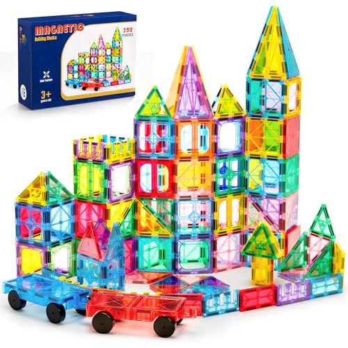 Ryoichi 138PCS Magnetic Tiles Set with 2 Cars for Kids Ages 3-9+ Years - size: 138PCS