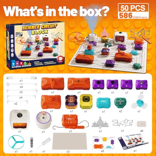Science Kits for Kids - STEM Kits for Kids, Electronics Exploration Kit, Over 420 Projects, 50 Circuit Parts with Bubble Maker，Fan & Flying Helicopter, STEM Educational Toy Gifts for Boys& Girls - style: D9003-50 Circuit Parts