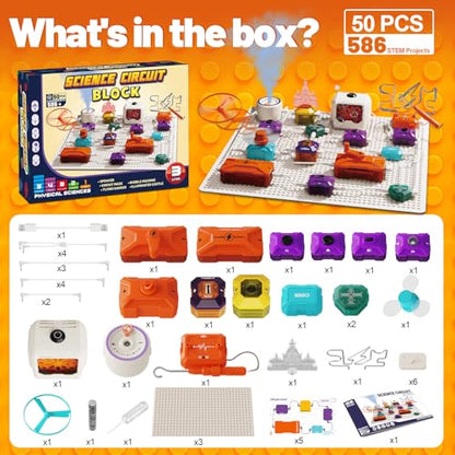 Science Kits for Kids - STEM Kits for Kids, Electronics Exploration Kit, Over 420 Projects, 50 Circuit Parts with Bubble Maker，Fan & Flying Helicopter, STEM Educational Toy Gifts for Boys& Girls - style: D9003-50 Circuit Parts