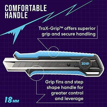 Zoid 18mm Snap Knife with TraX-Grip and Wheel Lock, High-Carbon Steel Black Blade, Retractable Box Cutter, Utility Knife for Cutting, 8-Segment Snap Blade, Textured Grip for Comfort and Stability - size: Single, style: 18mm Snap Knife with Wheel Lock