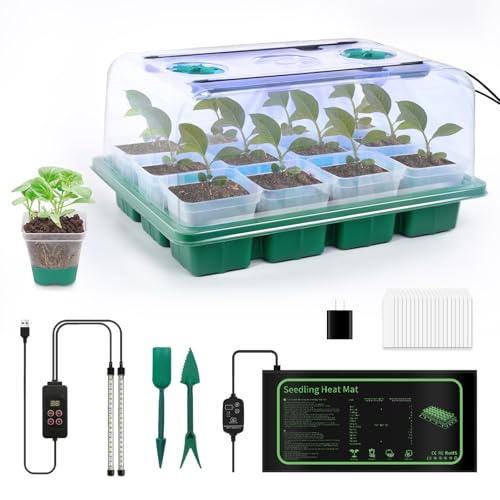 12 Cell Seed Starter Kit with Grow Light Heating Mat & Silicone Pots - size: 12 Cell