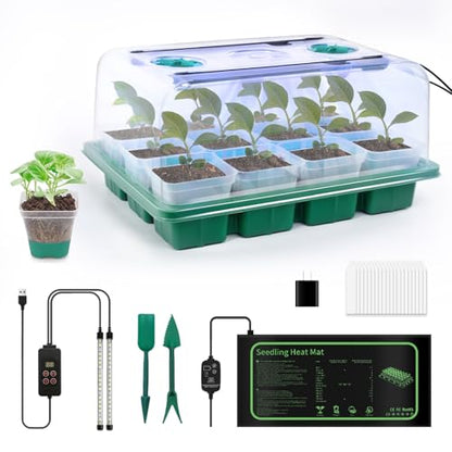 12 Cell Seed Starter Kit with Grow Light Heating Mat & Silicone Pots - size: 12 Cell