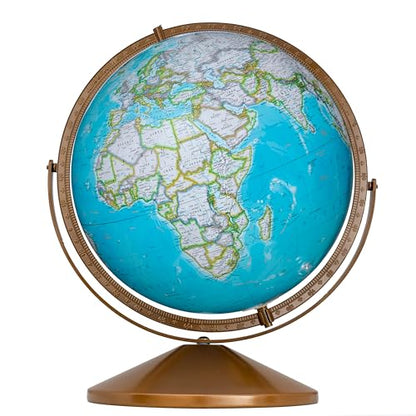 Treasury 12" Diameter Blue Illuminated Globe, USA Cartography, Convertible to Desktop with Sturdy Metal Base and Hand Turned Hard Wood Stand.This economical 12” floor model stands 32” high on a durable metal base and attractive wooden pedestal. Easily con