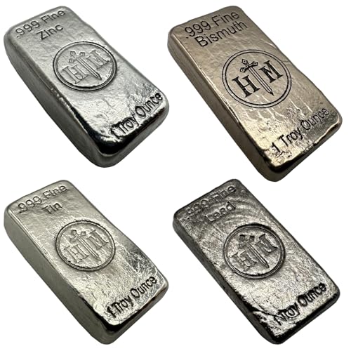 1 oz Hand Poured Elemental Bullion Bars - 99.9% Pure Metal Ingots of Zinc, Bismuth, Tin, Lead - Metal Collection for Science, Display or Desk Decor Made in USA (4 Pack) - color: 4 Pack