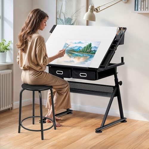 ZENY Adjustable Drafting Table with Stool Tilting Drawing Desk Artist Table - color: White-with Outlet