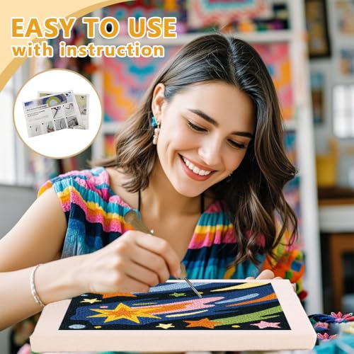 DOODLREAM Shooting Star DIY Punch Needle Embroidery Kit for Adult Beginner, 9.4" Starry Sky Punch Stitching Craft Set for Starter with Frame,Fabric Pattern,Threader, Yarn, Pinch Needle - color: Shooting Star