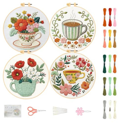 FREEBLOSS 4 Set Embroidery Kit for Adult Beginners Floral Coffee Tea Stamped Patterns Embroidery Starter Kit with Instructions Hand Needlepoint Starter Set Cross Stitch Kits for Women Craft 7.9inch