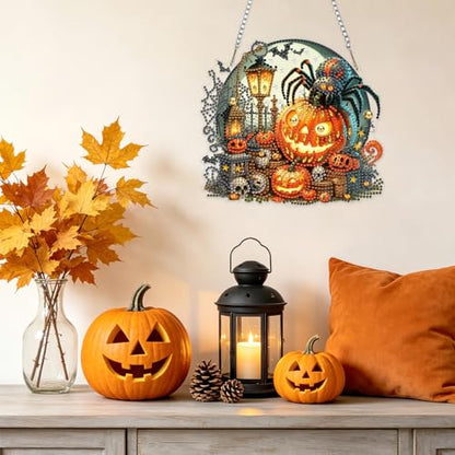NAIMOER Halloween Diamond Art Hanging Kits for Adults, Spider 5D Special Shaped Rhinestone, DIY Acrylic Diamond Art Painting Window Pendants Home Garden Wall Hanging Ornament Kits, Double Sided - color: Halloween Pumpkin Spider